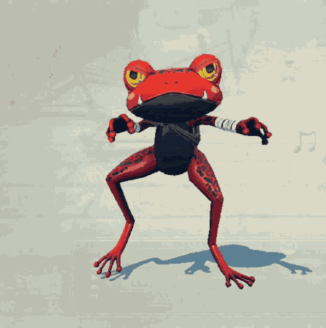 a red frog with yellow eyes is dancing in front of a white background