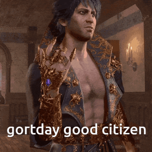 a shirtless man with a glove on his hand and the words gortday good citizen above him