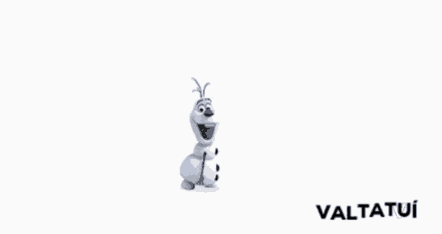 olaf from frozen is smiling with his arms outstretched and says ola !