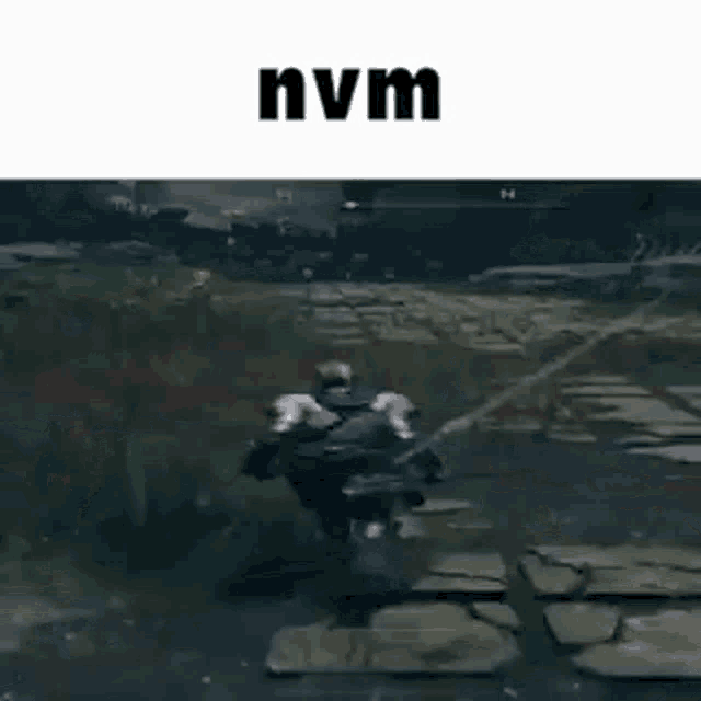 a video game character is riding a motorcycle down a cobblestone road .