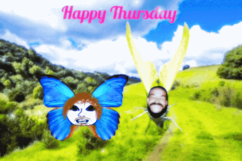 a happy thursday greeting card with two butterflies on a grassy hillside