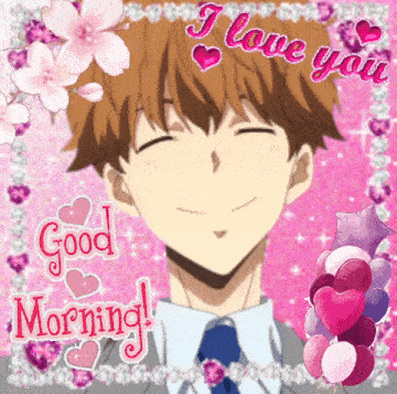 a good morning greeting card with a boy and flowers