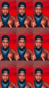 a shirtless man wearing a bandana and a baseball cap has many different faces