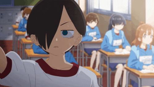 a cartoon of a girl in a classroom with a name tag that says ' akira ' on it