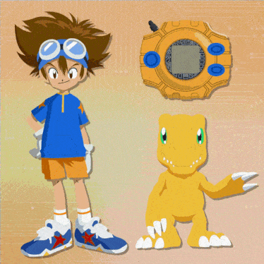 a boy in a blue shirt is standing next to a yellow monster