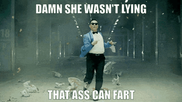 a man in a suit and bow tie is dancing with a caption that says damn she was n't lying