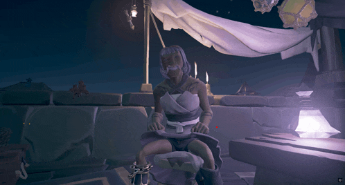 a video game character with a beard is sitting under a tent