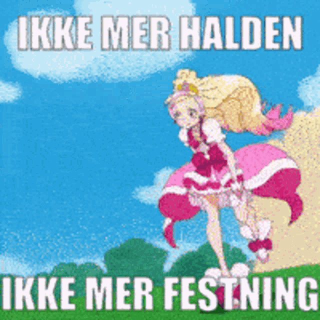 a picture of a girl in a pink dress with the words " ikke mer halden ikke mer festning "