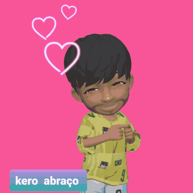 a cartoon character with hearts coming out of his head and the words kero abraco on a pink background