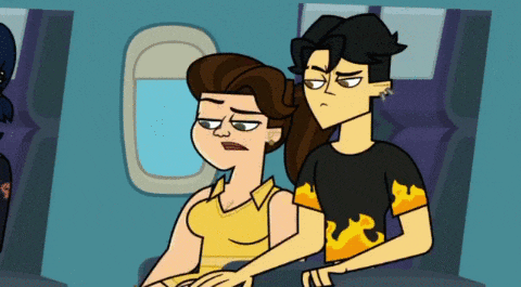 a cartoon of a man and a woman sitting next to each other on an airplane