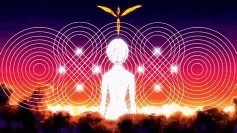 a silhouette of a person standing in front of a sunset with circles coming out of their head .