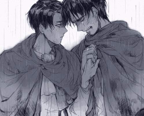 a black and white drawing of two men holding hands in the rain