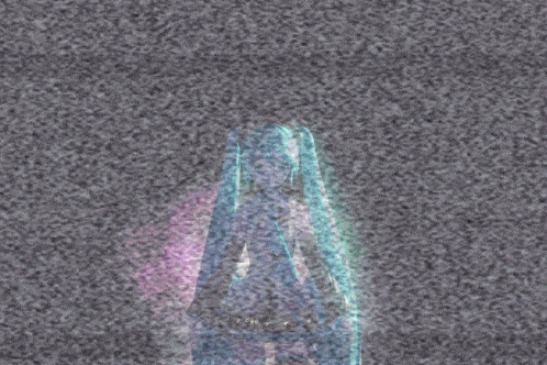 a girl with blue hair is standing in front of a purple light