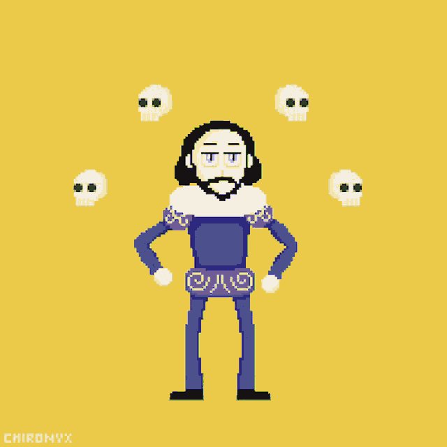 a pixel art drawing of a man with a beard and skulls around him