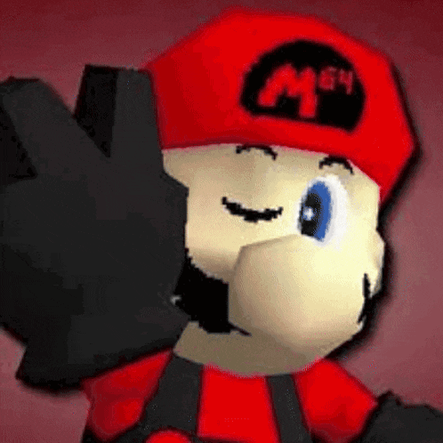 a close up of a mario character wearing a red hat and black gloves .
