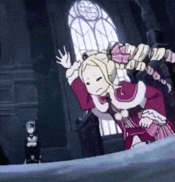 a cartoon of a girl in a red dress standing in front of a window .
