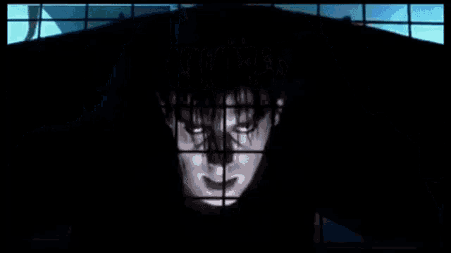 a man in a black hood stands in front of a window