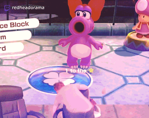 a purple cartoon character is standing in front of a man in a video game