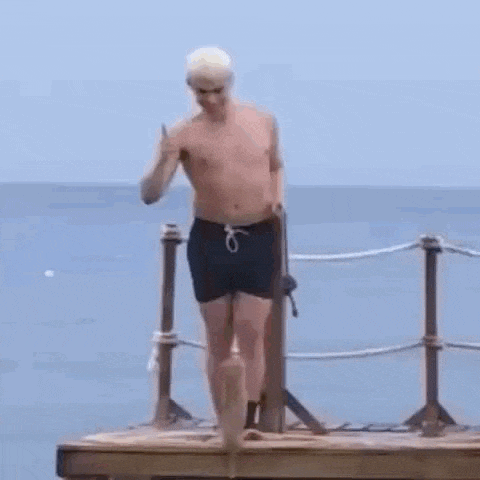 a shirtless man in swim trunks is standing on a dock next to the ocean .
