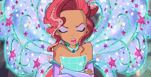 a cartoon girl with red hair and wings is standing with her arms crossed and her eyes closed .