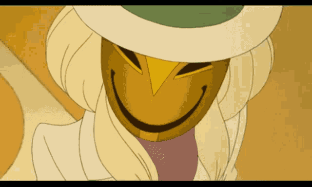 a cartoon character wearing a hat and a mask with a smile on it