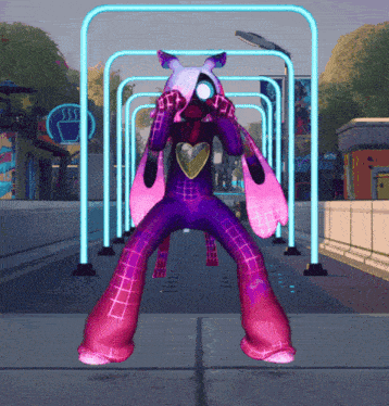 a cartoon character in a pink and purple outfit stands in front of a sign that says sss