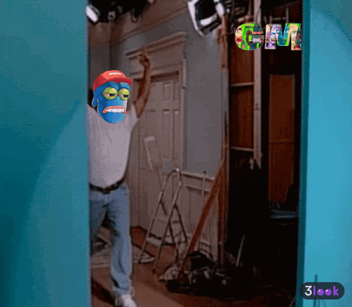 a man wearing a mask and a red hat is standing in a room with a 3look logo on the wall behind him