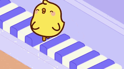 a cartoon chicken is standing on a purple and white striped piano keyboard .
