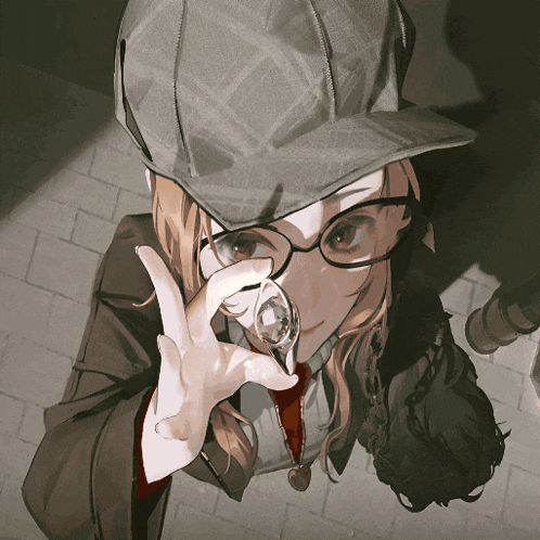 a girl with glasses and a hat is holding a glass in her hand