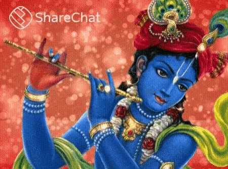 a painting of a krishna playing a flute with a sharechat logo in the corner