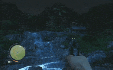 a person is playing a video game with a map and a river in the background .
