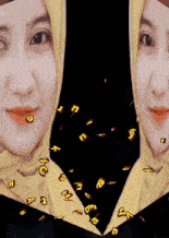 a woman wearing a yellow hijab is surrounded by letters and numbers
