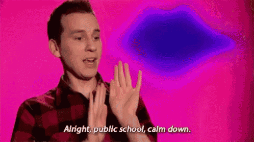 a man in a plaid shirt is saying `` alright , public school , calm down '' in front of a pink background .