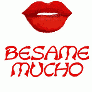 a close up of a woman 's red lips with the words besame mucho written below it