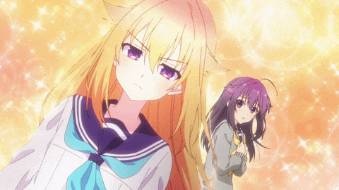 two anime girls are standing next to each other and one has purple hair