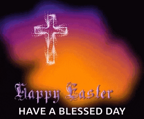 a happy easter card with a cross on a purple and orange background .