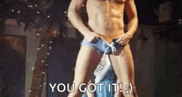 a man without a shirt is standing next to a woman taking off her shorts on a stage .