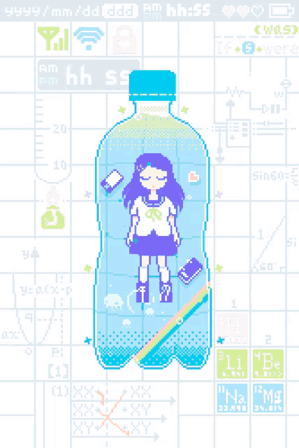 a pixel art drawing of a girl in a bottle with a rainbow