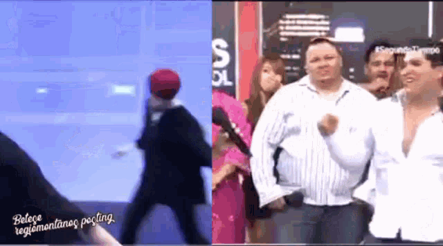 a man in a striped shirt is dancing in front of a group of people