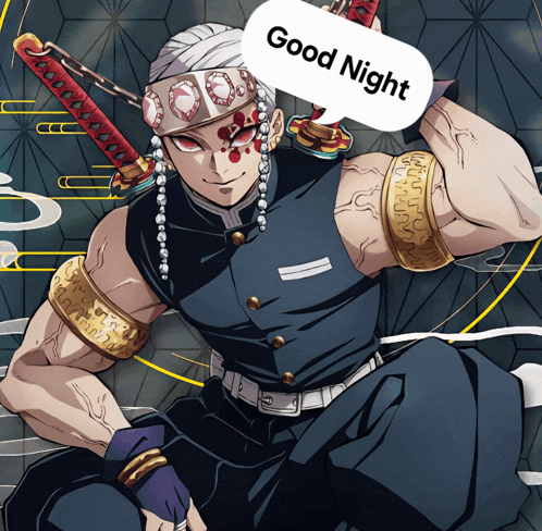 a cartoon character with a sword and a good night sign