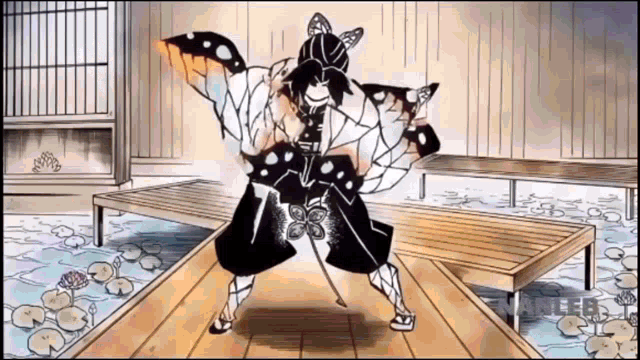 a cartoon of a woman in a kimono standing on a wooden floor holding a sword .
