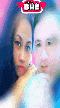 a man and a woman are posing for a picture with bhe written on the top