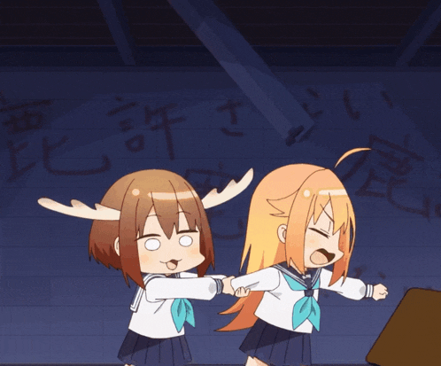 two anime girls are standing in front of a wall that has chinese writing on it