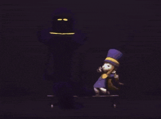a cartoon character in a hat is standing next to a shadow of another character .