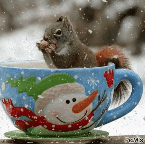 a squirrel is sitting in a cup with a snowman on it and eating a nut .