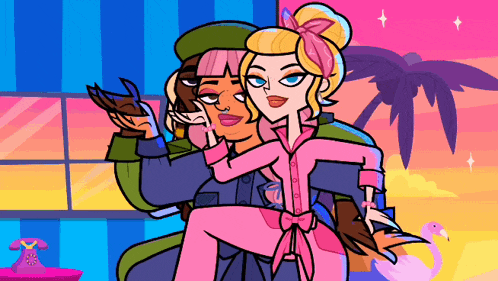 a cartoon of a man holding a woman in his arms with a flamingo in the background