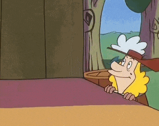 a cartoon character wearing a hat is peeking out of a doorway