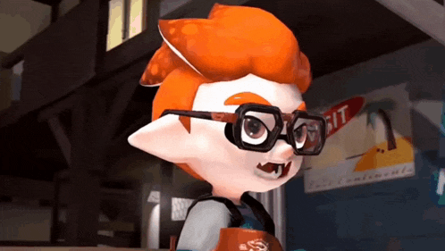 a cartoon character wearing glasses is standing in front of a sign that says " exit "