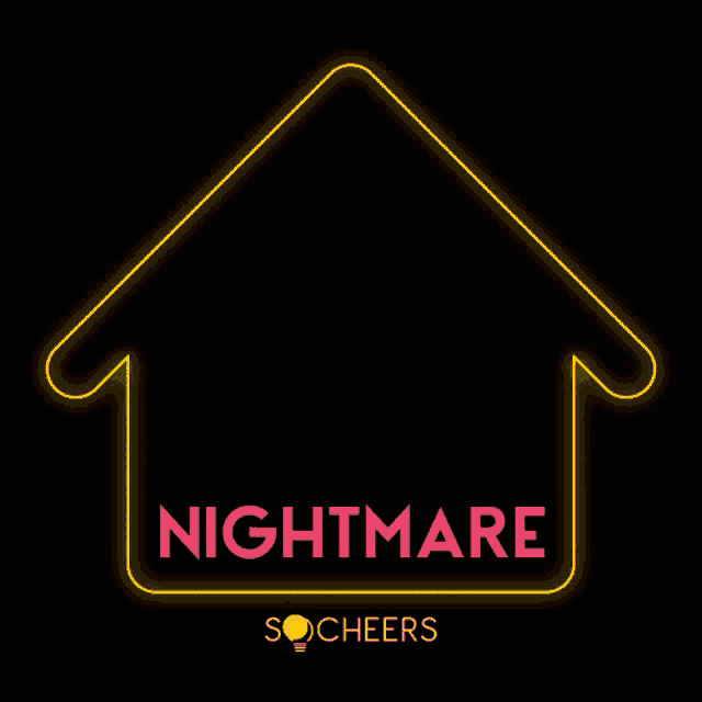a neon sign that says wfh nightmare with a house on it