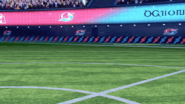 an empty soccer field with a sign that says ogii on it